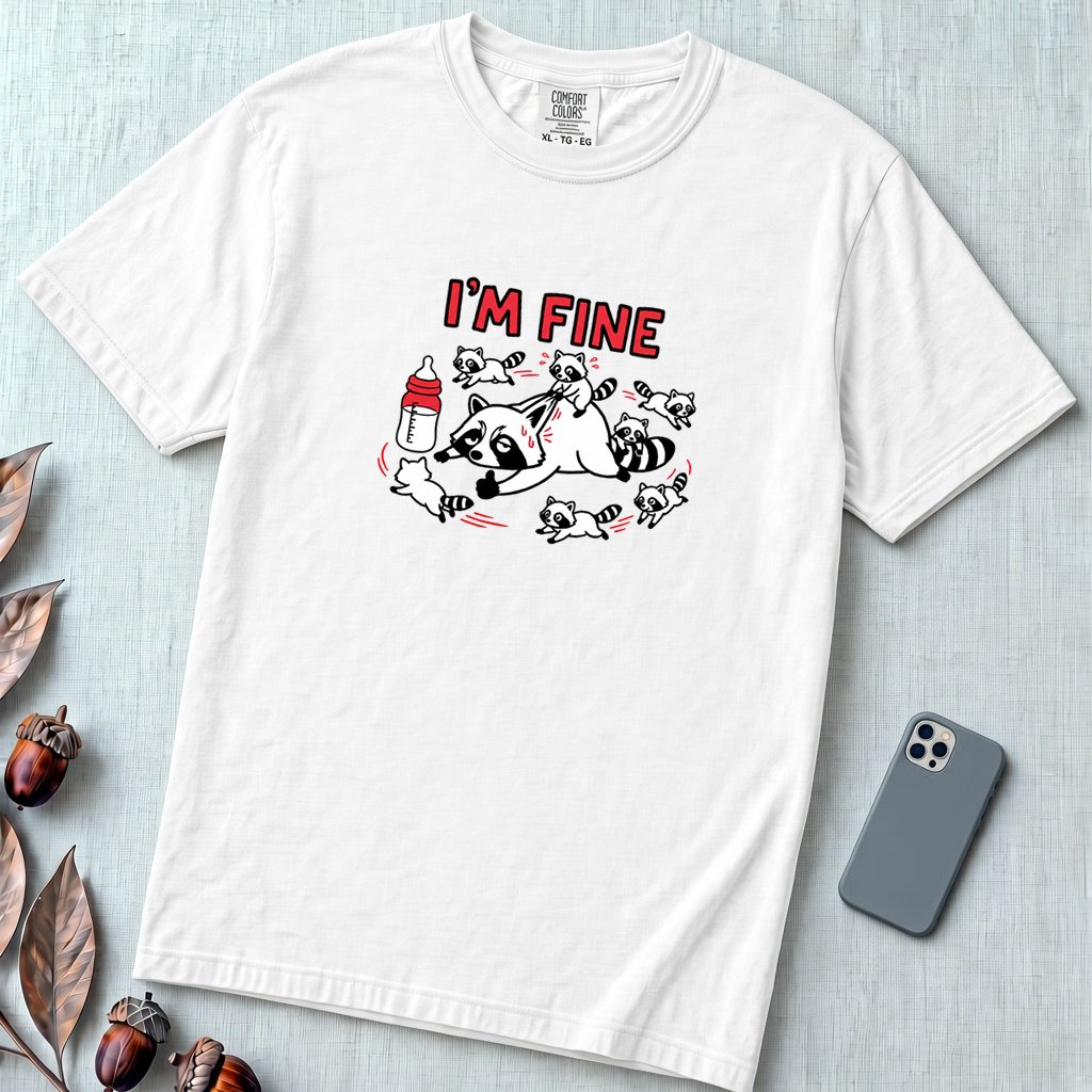 I’m Fine Raccoon Mom Graphic T-Shirt - White unfolded t-shirt mockup