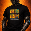 Person in robot costume wearing a black t-shirt with 'This is Fine' graphic and text.