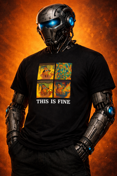 Person in robot costume wearing a black t-shirt with 'This is Fine' graphic and text.