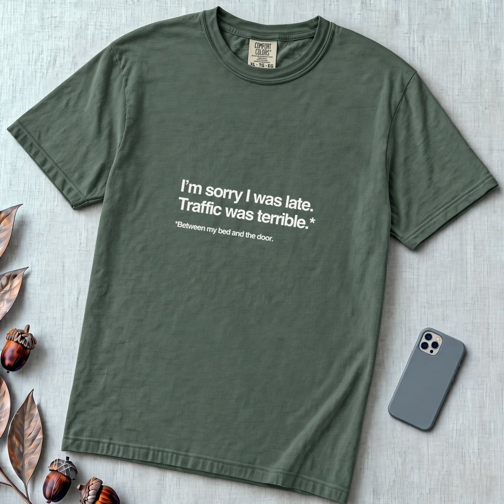 I’m Sorry I Was Late T-Shirt - Blue Spruce unfolded t-shirt mockup