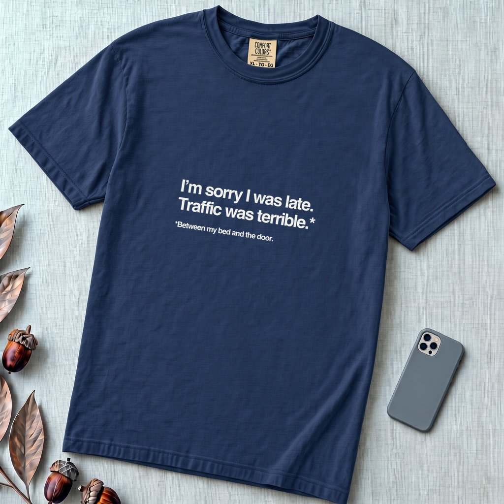 I’m Sorry I Was Late T-Shirt - Midnight unfolded t-shirt mockup