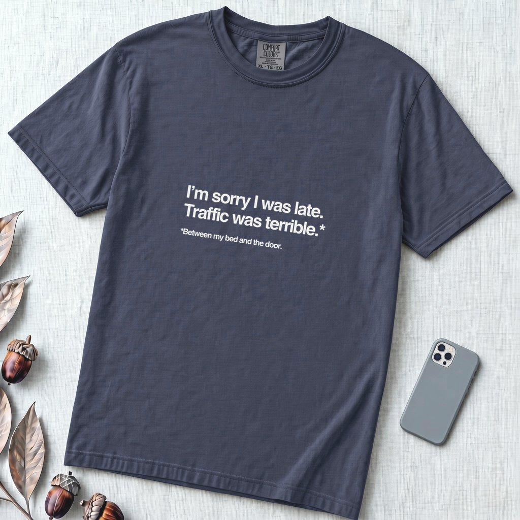 I’m Sorry I Was Late T-Shirt - Navy unfolded t-shirt mockup