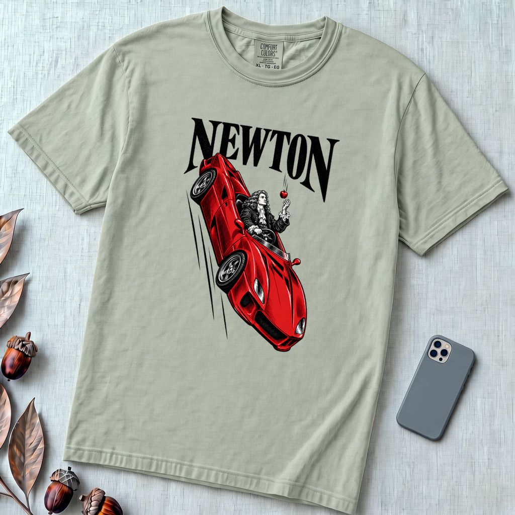 Isaac Newton in Flying Car T-shirt - Bay unfolded t-shirt mockup