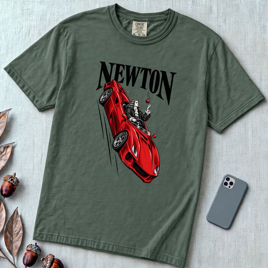 Isaac Newton in Flying Car T-shirt - Blue Spruce unfolded t-shirt mockup