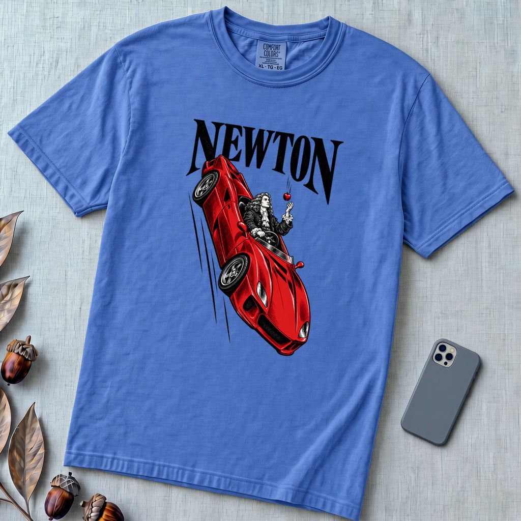 Isaac Newton in Flying Car T-shirt - Flo Blue unfolded t-shirt mockup