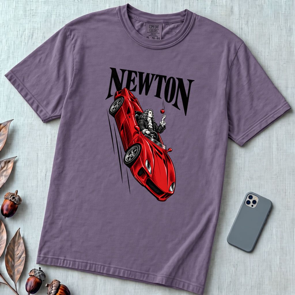 Isaac Newton in Flying Car T-shirt - Grape unfolded t-shirt mockup