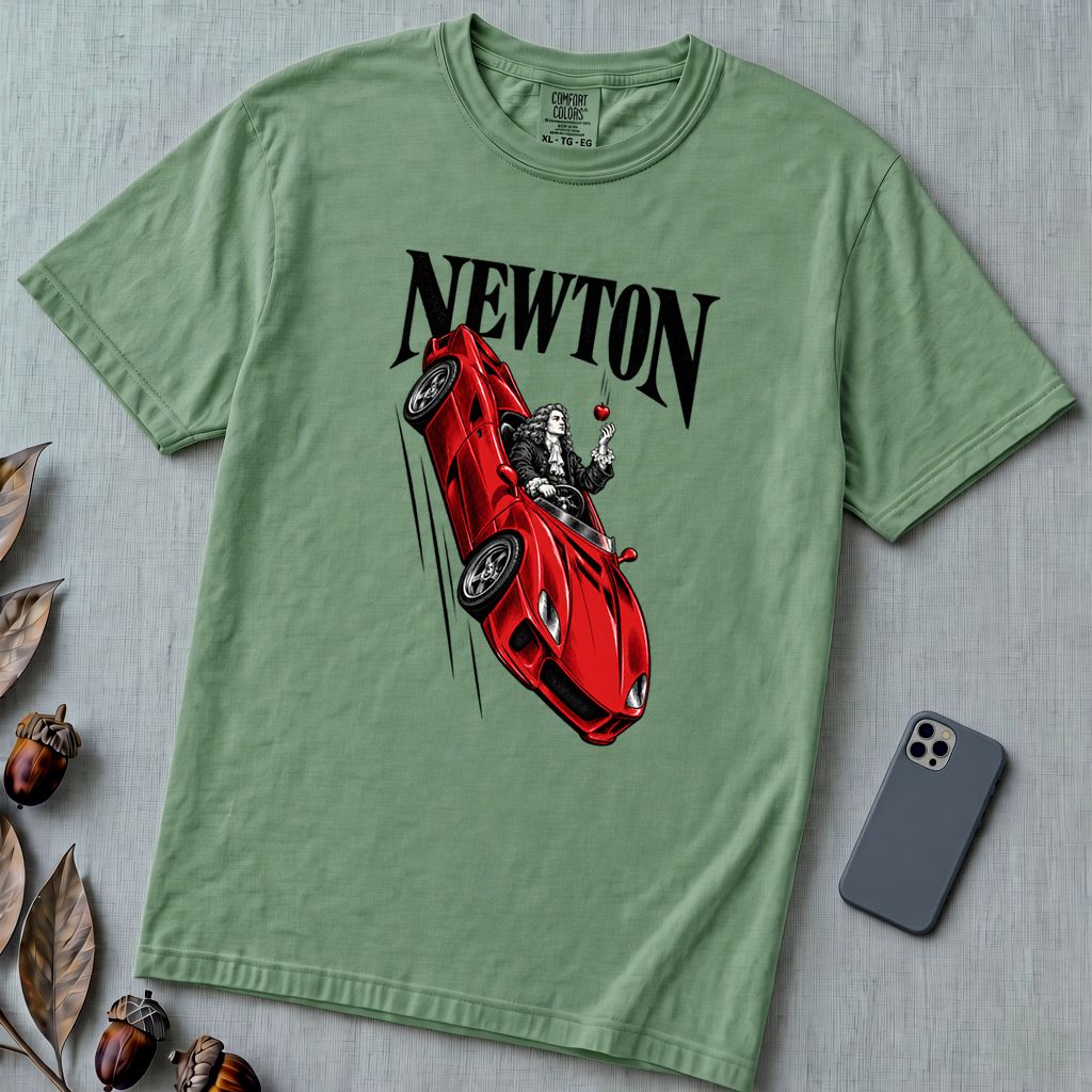 Isaac Newton in Flying Car T-shirt - Light Green unfolded t-shirt mockup