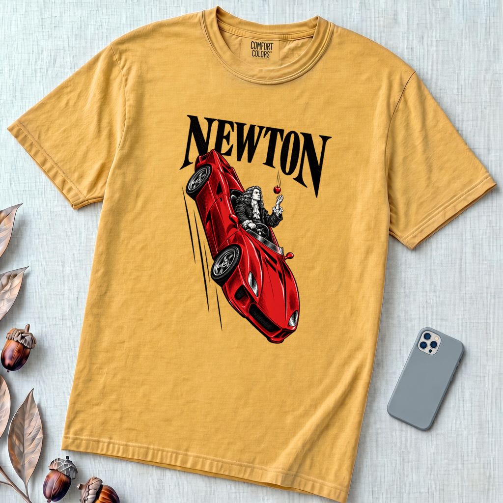 Isaac Newton in Flying Car T-shirt - Mustard unfolded t-shirt mockup