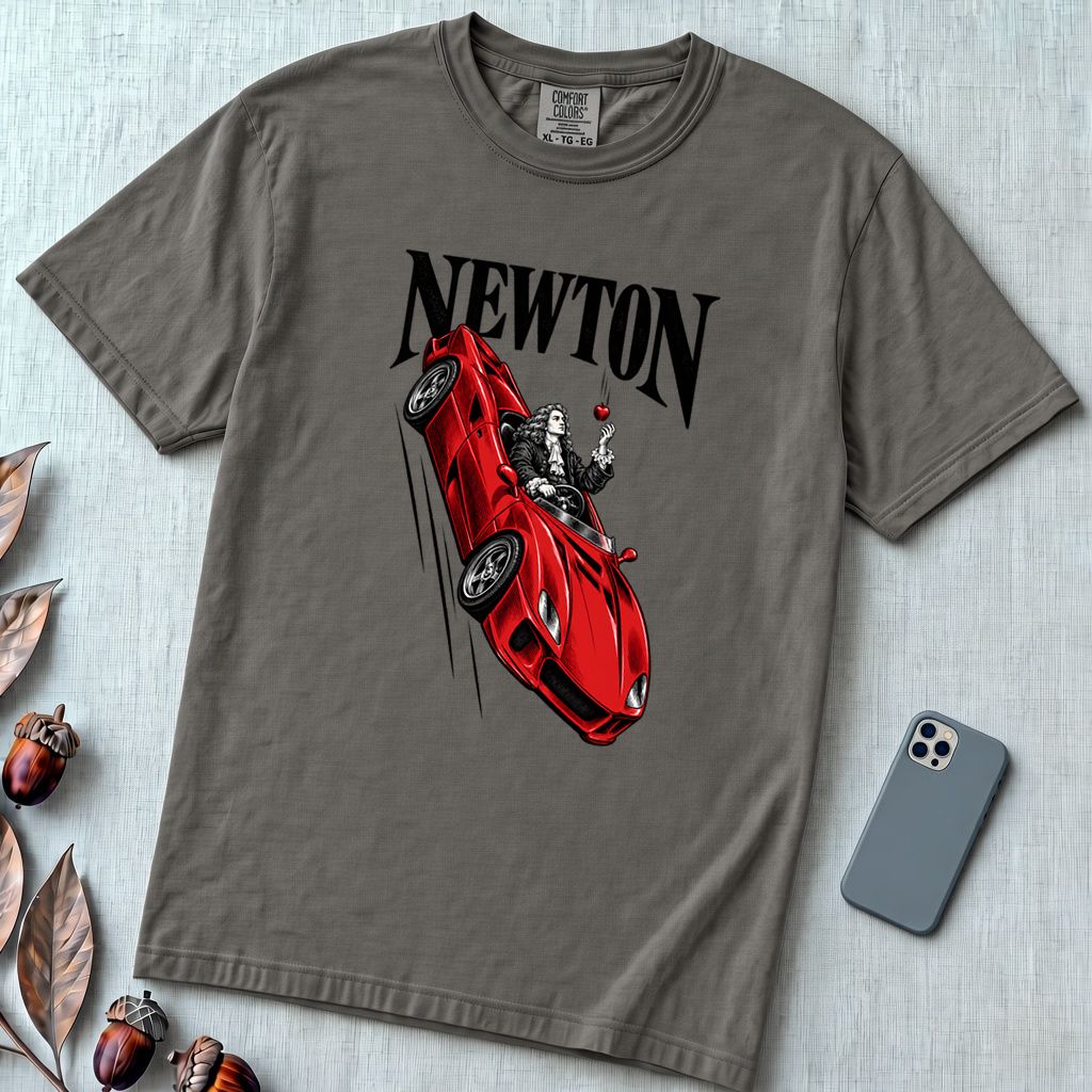 Isaac Newton in Flying Car T-shirt - Pepper unfolded t-shirt mockup