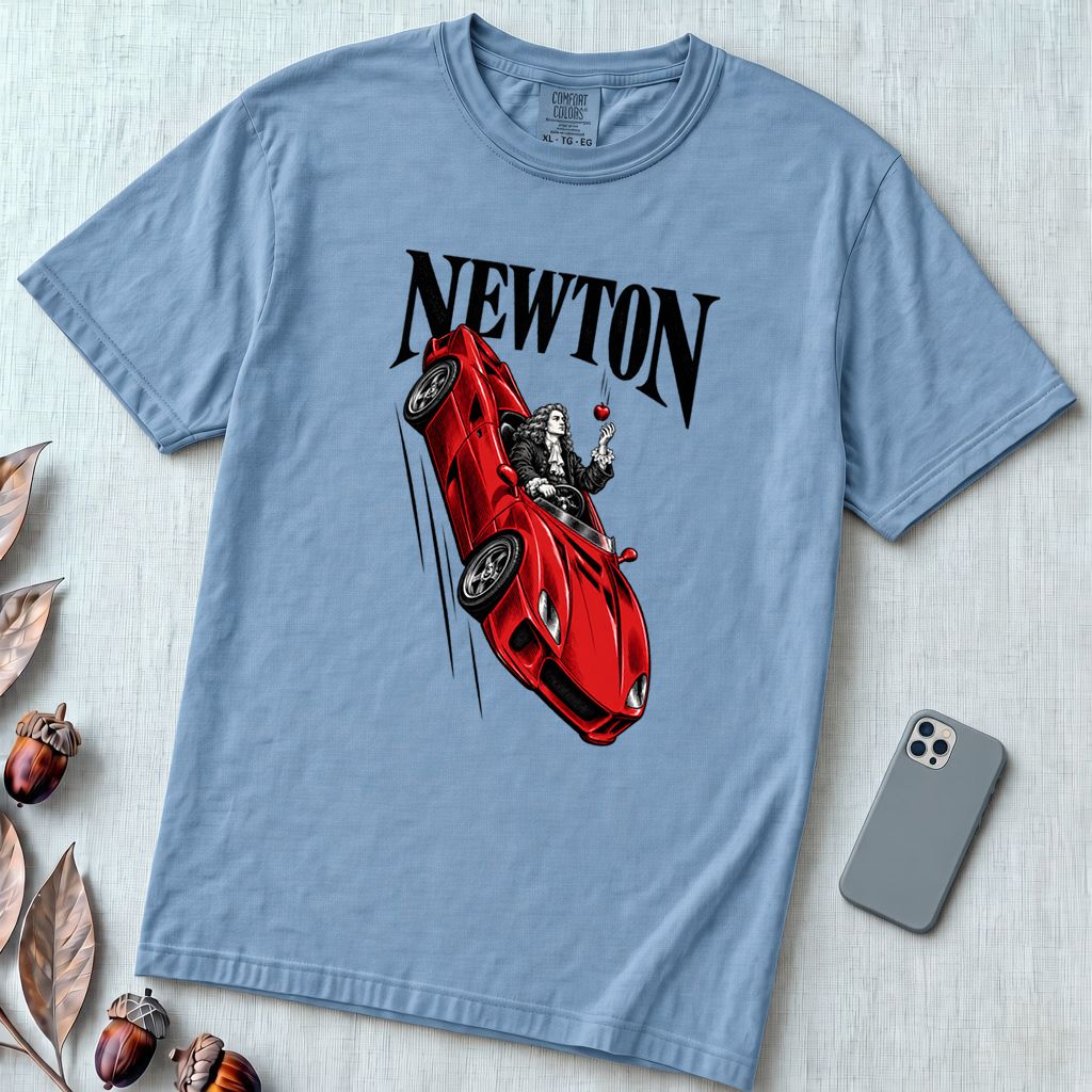 Isaac Newton in Flying Car T-shirt - Washed Denim unfolded t-shirt mockup
