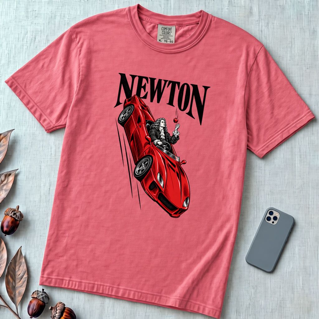 Isaac Newton in Flying Car T-shirt - Watermelon unfolded t-shirt mockup