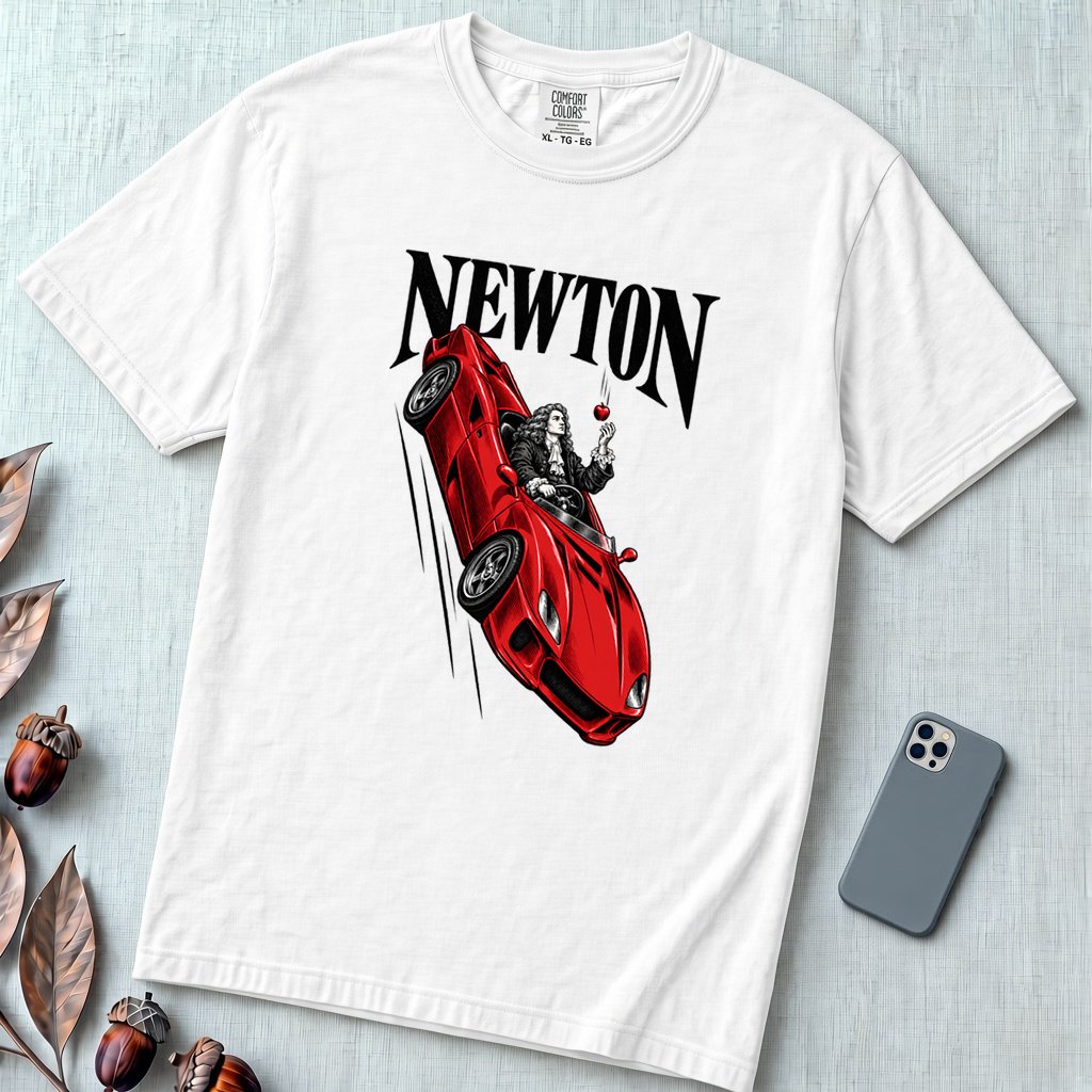 Isaac Newton in Flying Car T-shirt - White unfolded t-shirt mockup