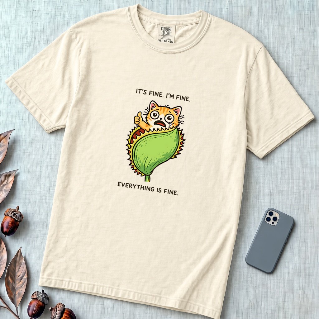 It's Fine. Everything Is Fine. Cat t-shirt - Ivory unfolded t-shirt mockup