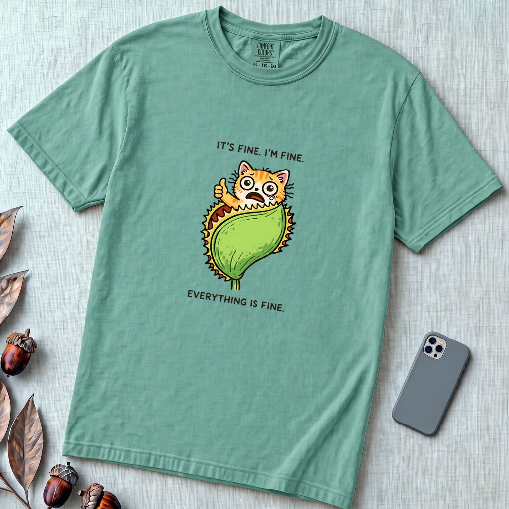 It's Fine. Everything Is Fine. Cat t-shirt - Seafoam unfolded t-shirt mockup