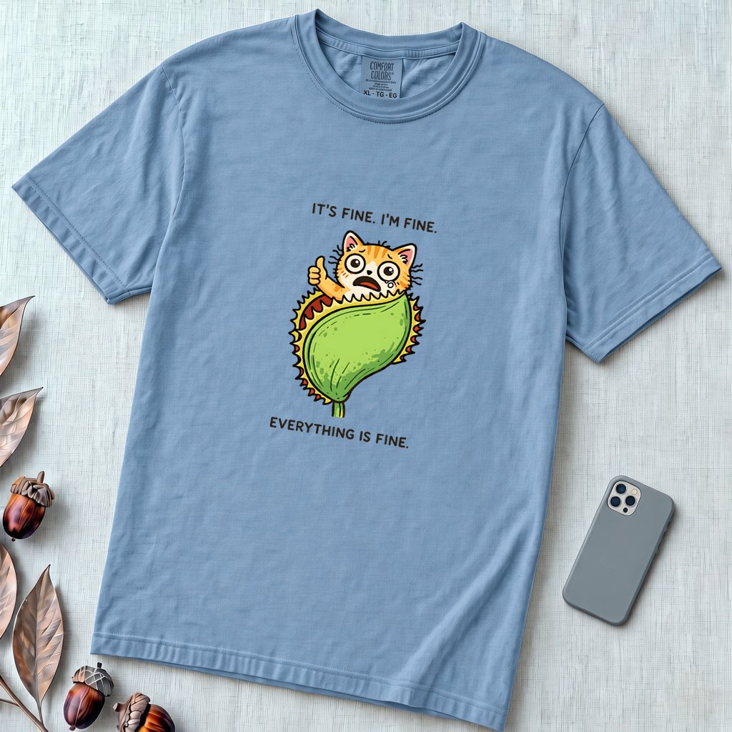 It's Fine. Everything Is Fine. Cat t-shirt - Washed Denim unfolded t-shirt mockup
