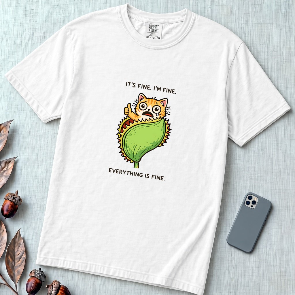 It's Fine. Everything Is Fine. Cat t-shirt - White unfolded t-shirt mockup
