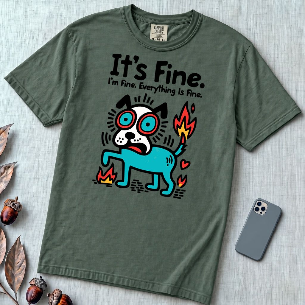 It’s Fine Dog T-shirt, Burnout Humor - Blue Spruce unfolded t-shirt mockup