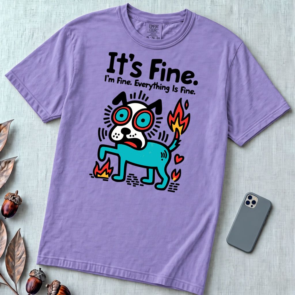 It’s Fine Dog T-shirt, Burnout Humor - Violet unfolded t-shirt mockup