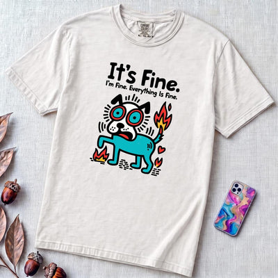 It’s Fine Dog T-shirt, Burnout Humor - White unfolded t-shirt mockup