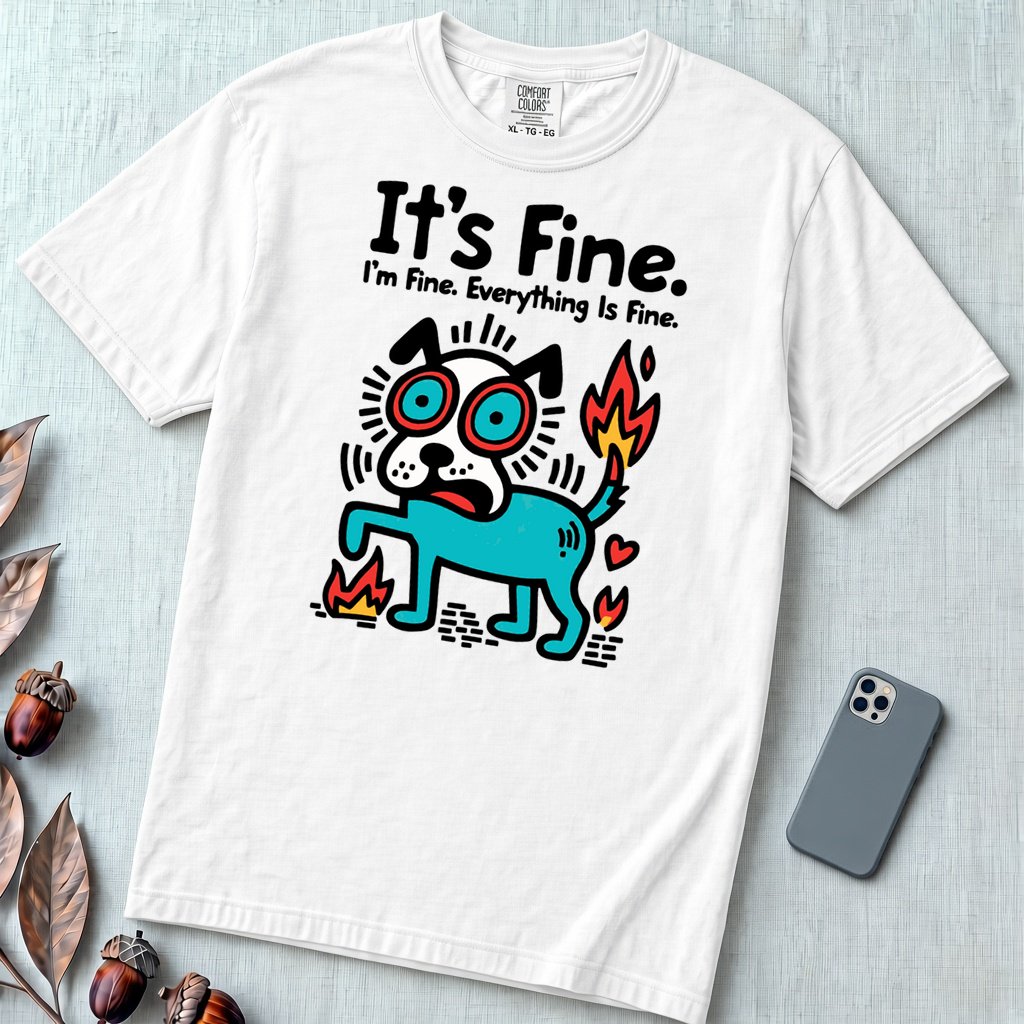 It’s Fine Dog T-shirt, Burnout Humor - White unfolded t-shirt mockup