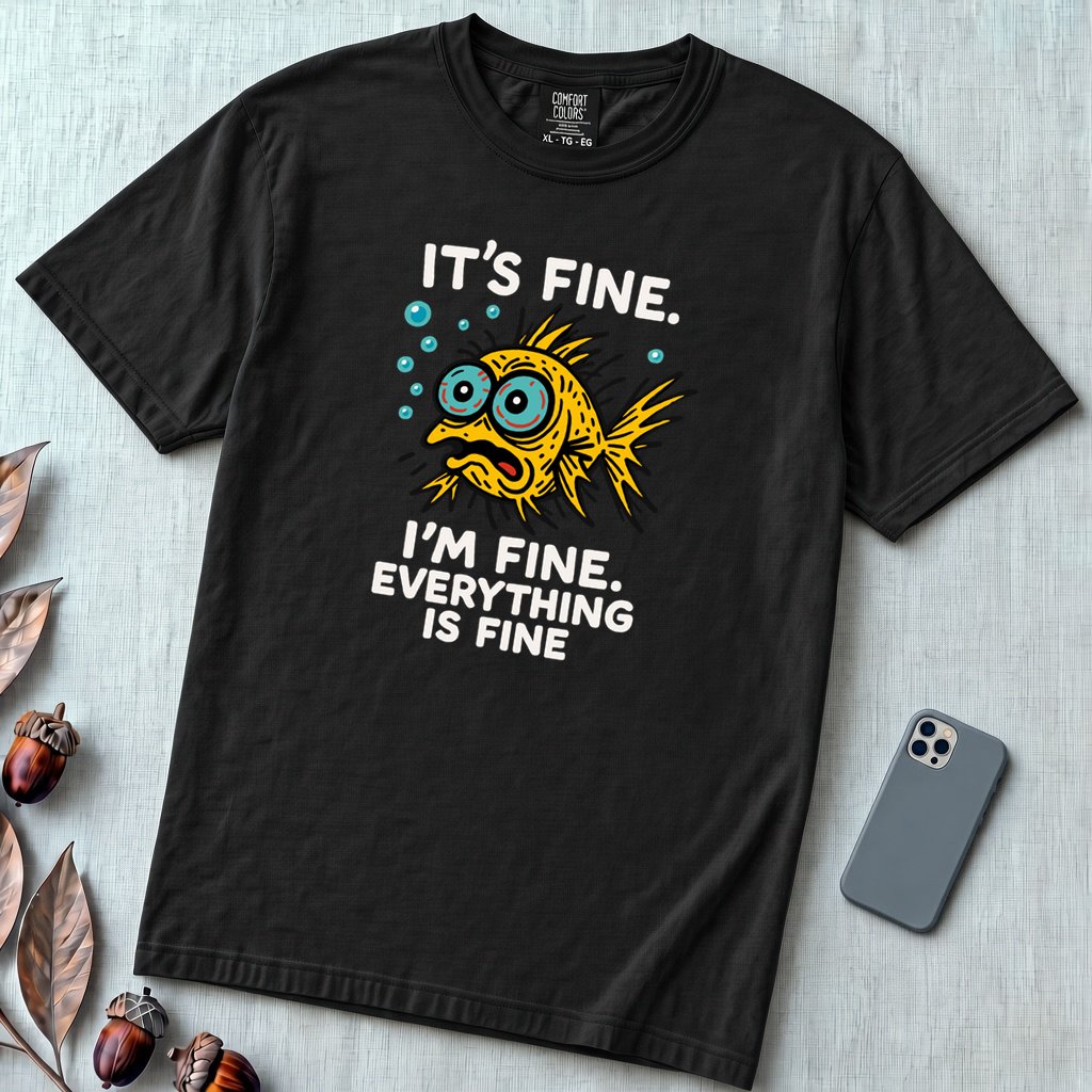 It’s Fine. I’m Fine. Everything Is Fine, Fish T-Shirt - Black unfolded t-shirt mockup