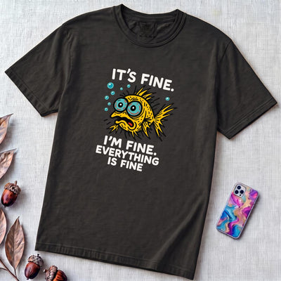 It’s Fine. I’m Fine. Everything Is Fine, Fish T-Shirt - Black unfolded t-shirt mockup