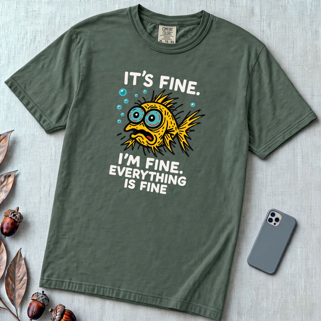 It’s Fine. I’m Fine. Everything Is Fine, Fish T-Shirt - Blue Spruce unfolded t-shirt mockup