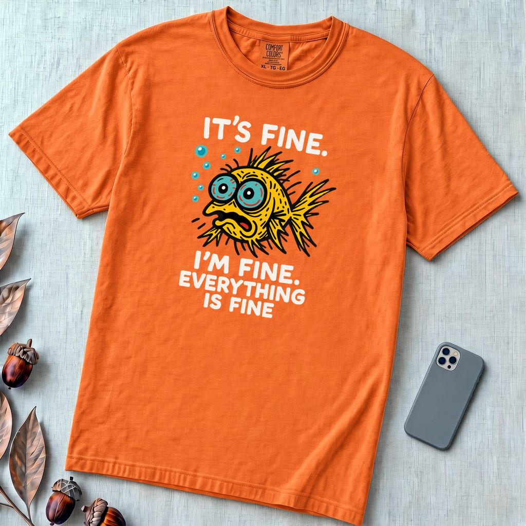 It’s Fine. I’m Fine. Everything Is Fine, Fish T-Shirt - Burnt Orange unfolded t-shirt mockup
