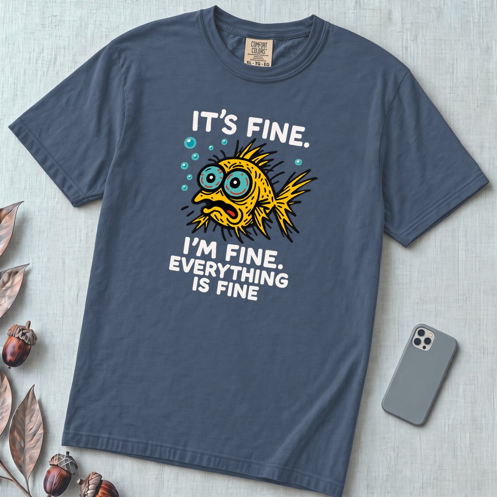 It’s Fine. I’m Fine. Everything Is Fine, Fish T-Shirt - Midnight unfolded t-shirt mockup