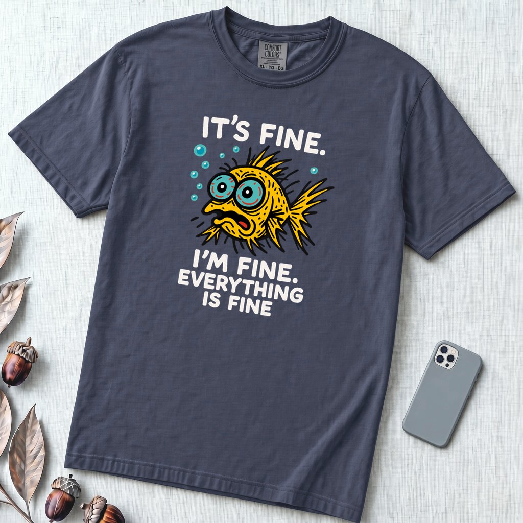 It’s Fine. I’m Fine. Everything Is Fine, Fish T-Shirt - Navy unfolded t-shirt mockup