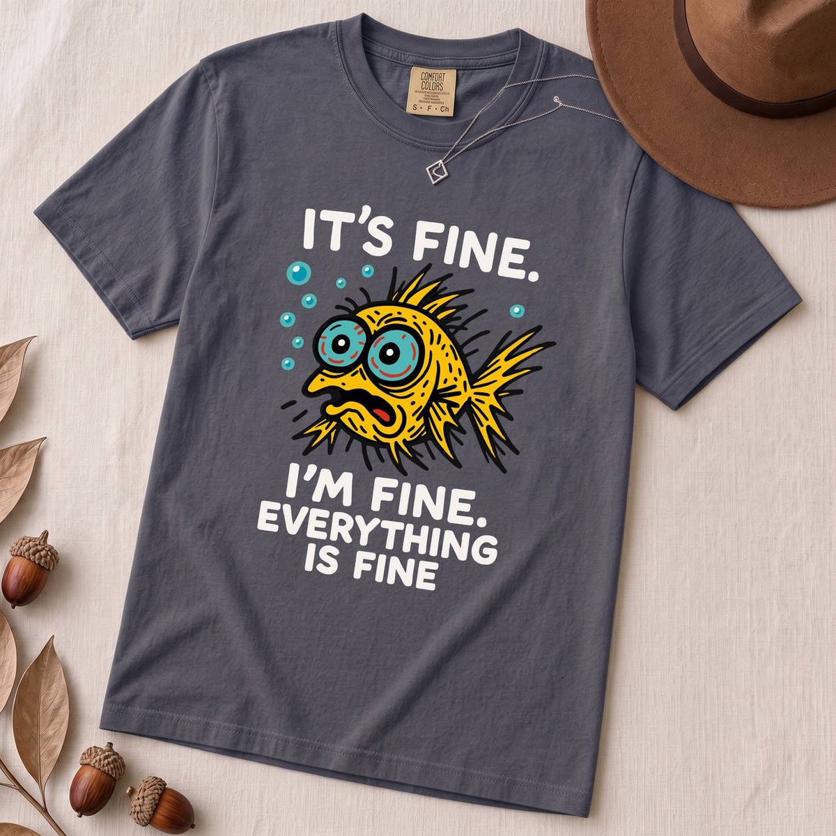 It’s Fine. I’m Fine. Everything Is Fine, Fish T-Shirt - Navy unfolded t-shirt mockup