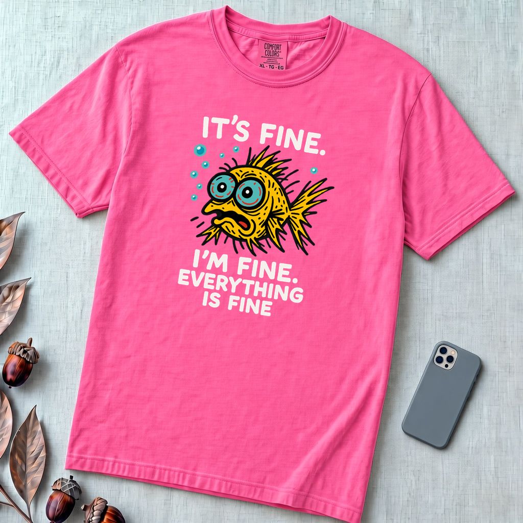 It’s Fine. I’m Fine. Everything Is Fine, Fish T-Shirt - Neon Pink unfolded t-shirt mockup