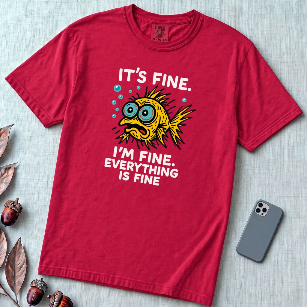 It’s Fine. I’m Fine. Everything Is Fine, Fish T-Shirt - Red unfolded t-shirt mockup
