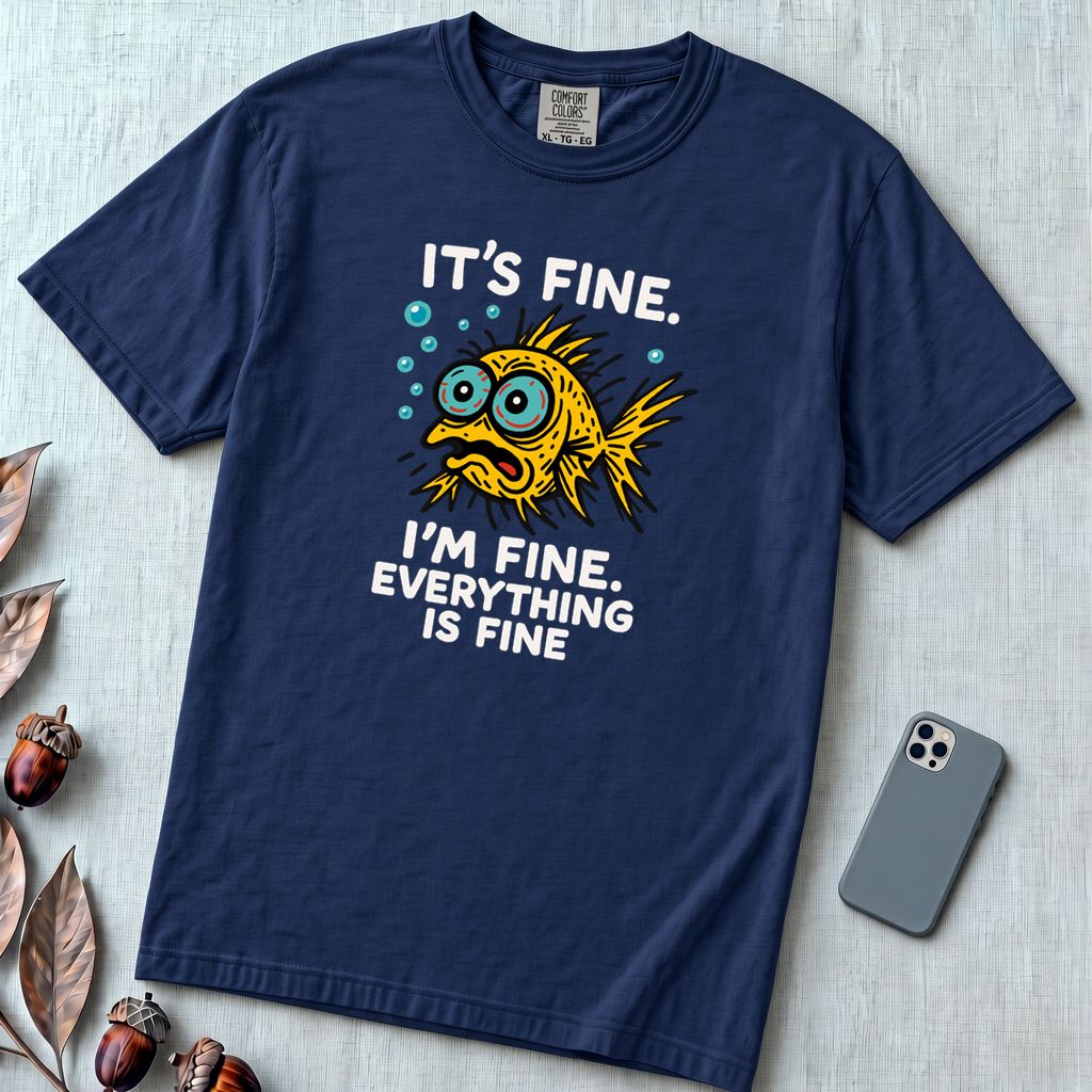 It’s Fine. I’m Fine. Everything Is Fine, Fish T-Shirt - True Navy unfolded t-shirt mockup