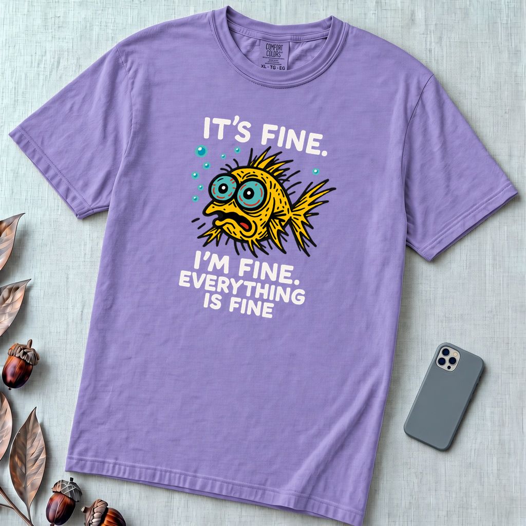 It’s Fine. I’m Fine. Everything Is Fine, Fish T-Shirt - Violet unfolded t-shirt mockup