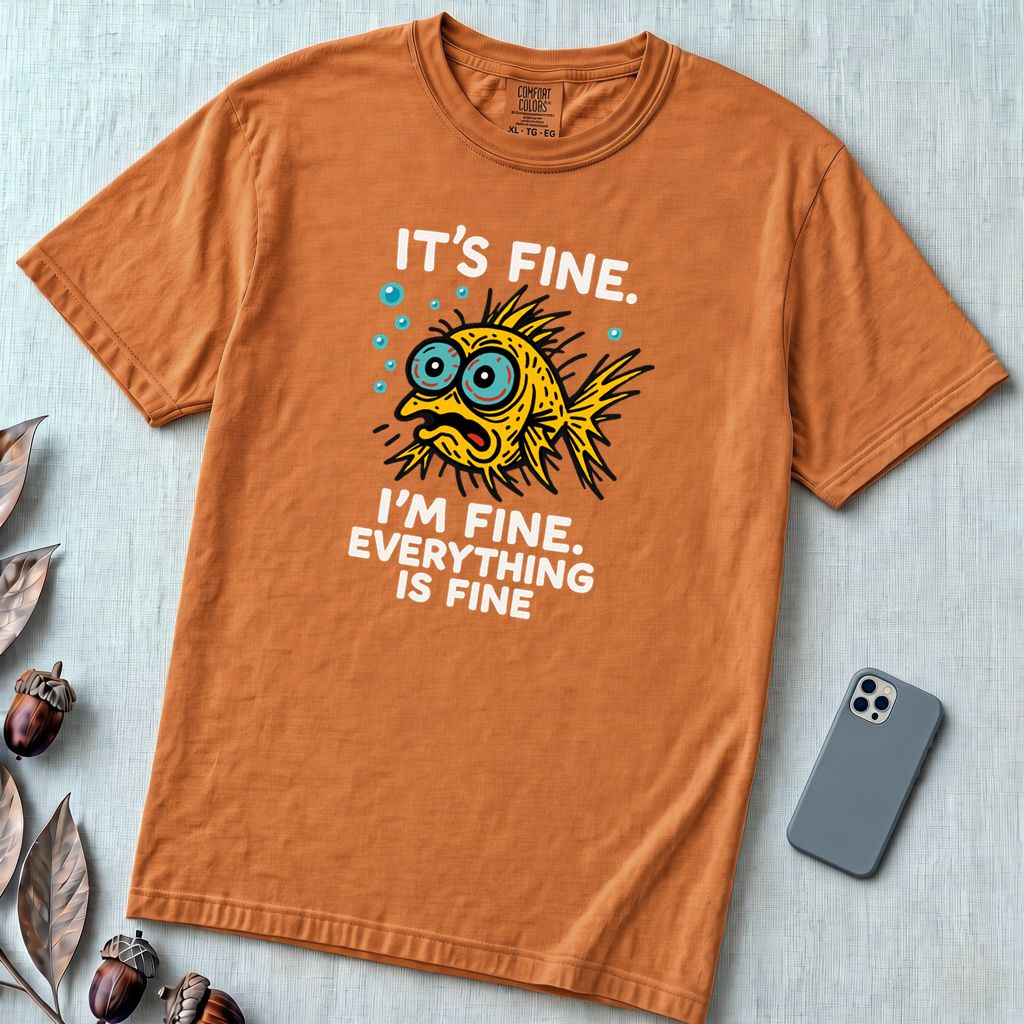 It’s Fine. I’m Fine. Everything Is Fine, Fish T-Shirt - Yam unfolded t-shirt mockup