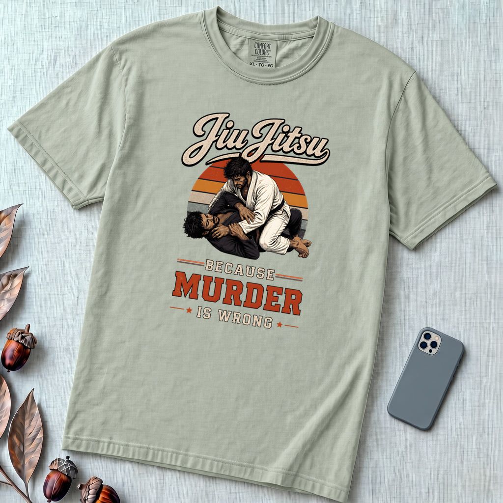 Jiu Jitsu Because Murder Is Wrong Graphic T-Shirt - Bay unfolded t-shirt mockup
