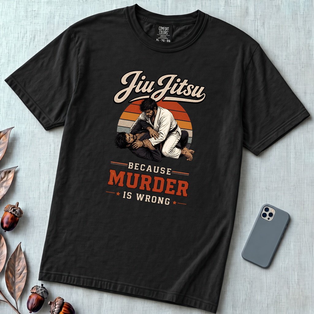 Jiu Jitsu Because Murder Is Wrong Graphic T-Shirt - Black unfolded t-shirt mockup