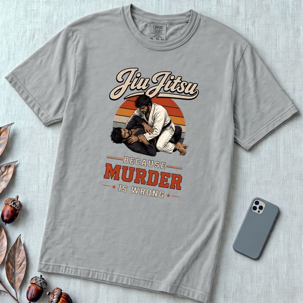 Jiu Jitsu Because Murder Is Wrong Graphic T-Shirt - Granite unfolded t-shirt mockup