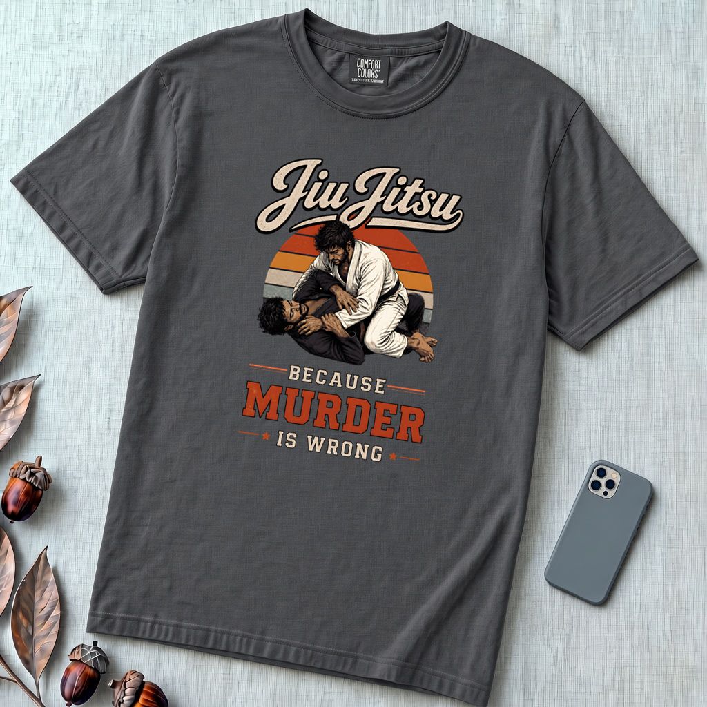 Jiu Jitsu Because Murder Is Wrong Graphic T-Shirt - Graphite unfolded t-shirt mockup