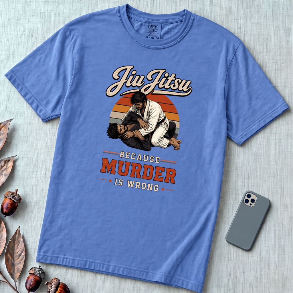Jiu Jitsu Because Murder Is Wrong Graphic T-Shirt - Mystic Blue unfolded t-shirt mockup