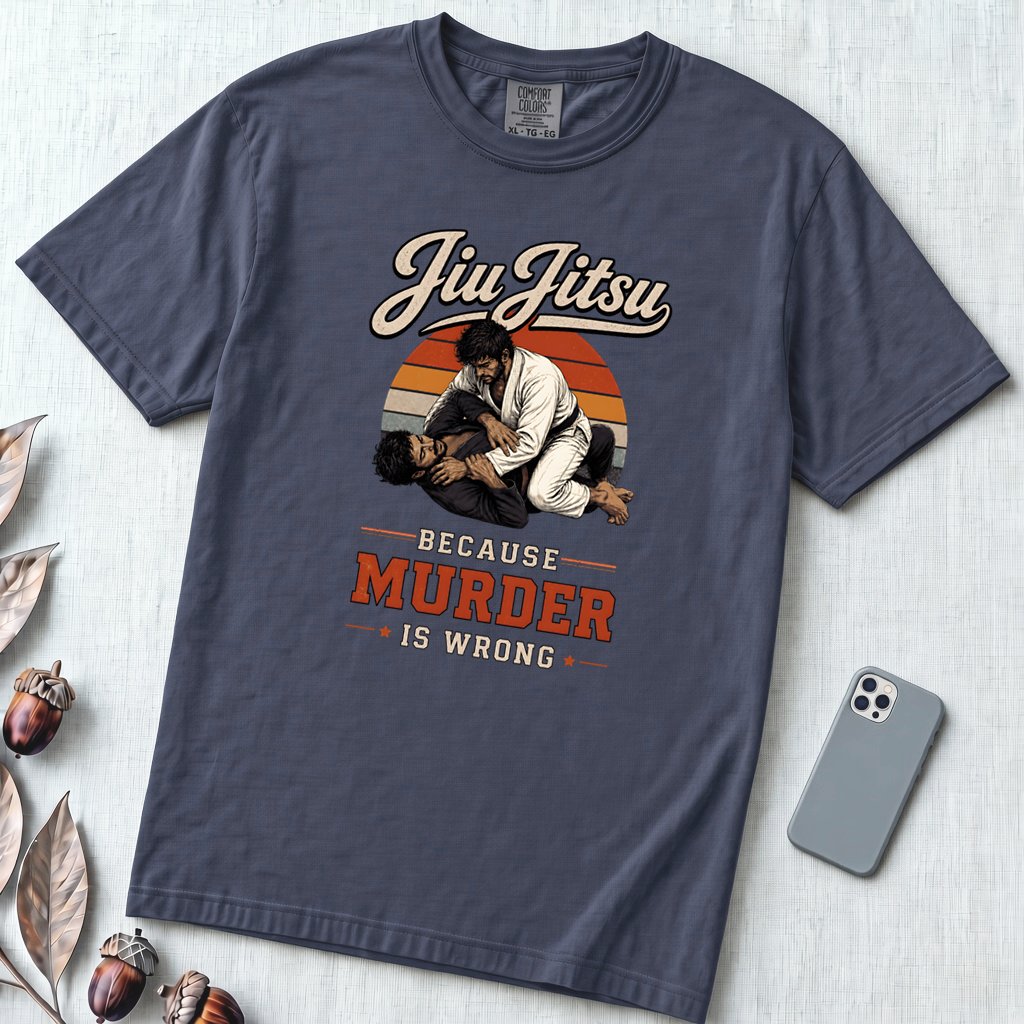 Jiu Jitsu Because Murder Is Wrong Graphic T-Shirt - Navy unfolded t-shirt mockup