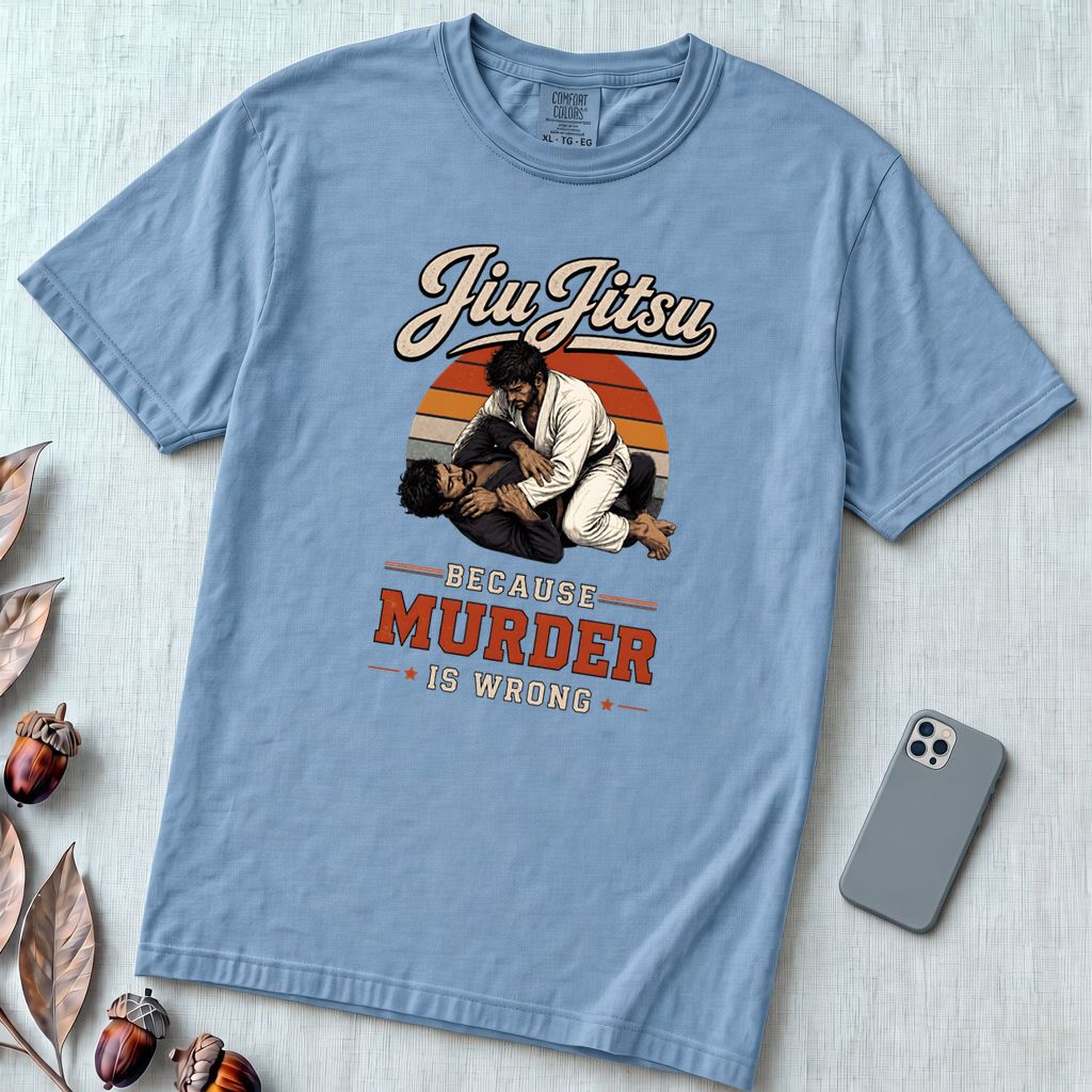 Jiu Jitsu Because Murder Is Wrong Graphic T-Shirt - Washed Denim unfolded t-shirt mockup