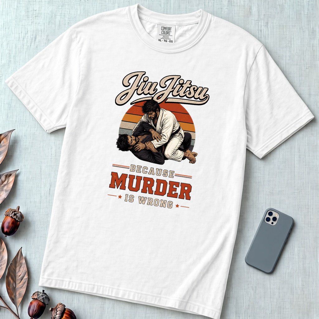 Jiu Jitsu Because Murder Is Wrong Graphic T-Shirt - White unfolded t-shirt mockup