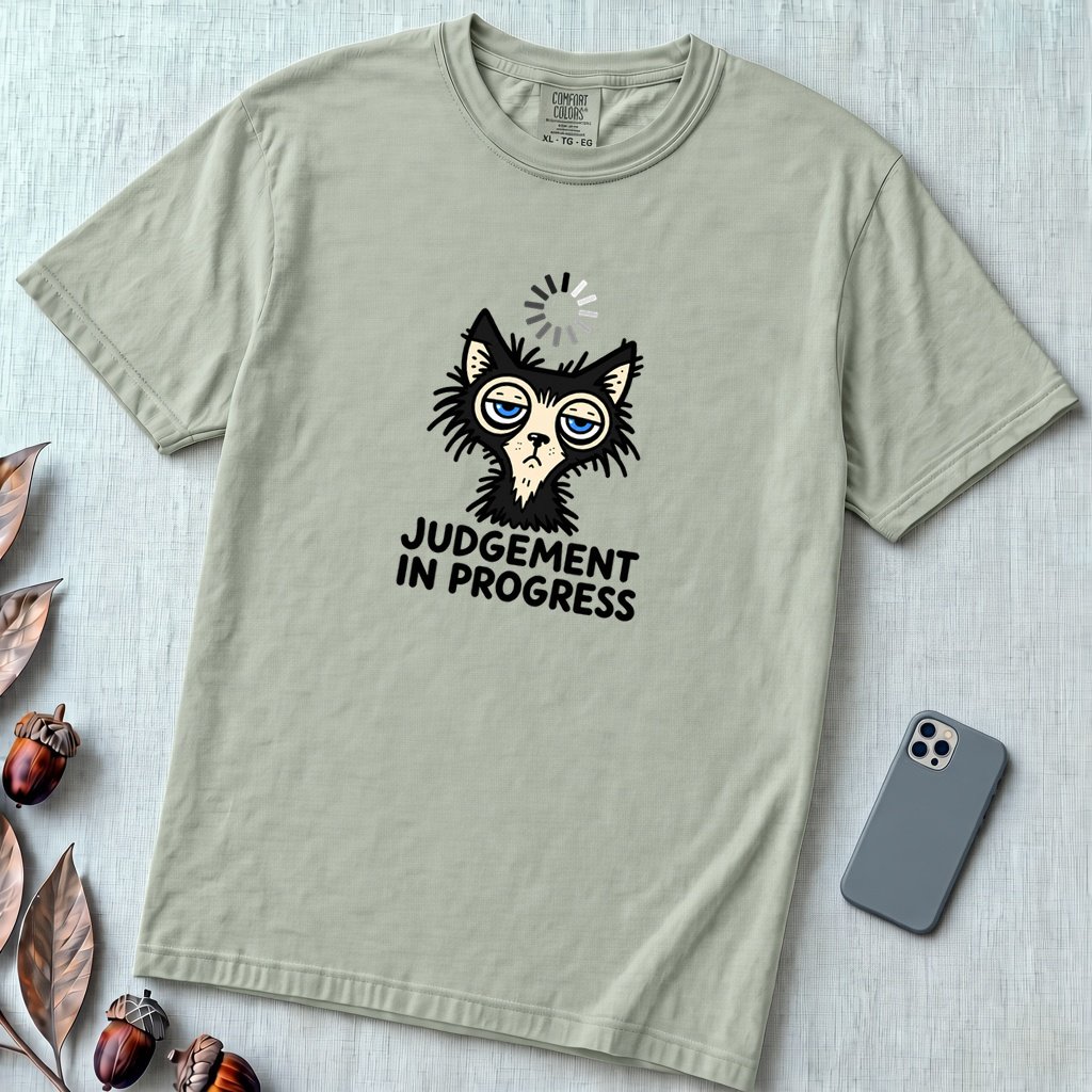 Judgement In Progress Cat T-Shirt, Dry Humor Tee - Bay unfolded t-shirt mockup