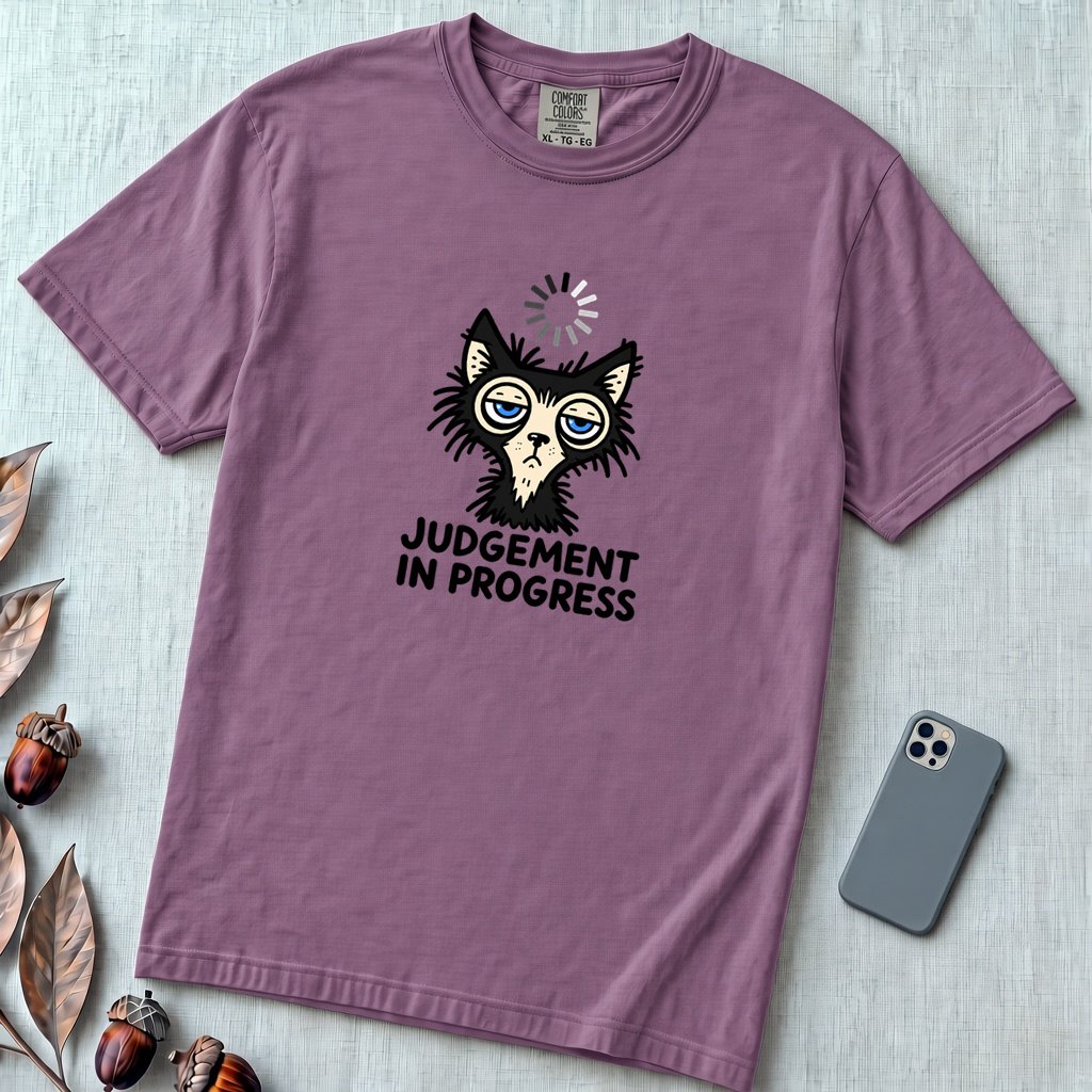 Judgement In Progress Cat T-Shirt, Dry Humor Tee - Berry unfolded t-shirt mockup