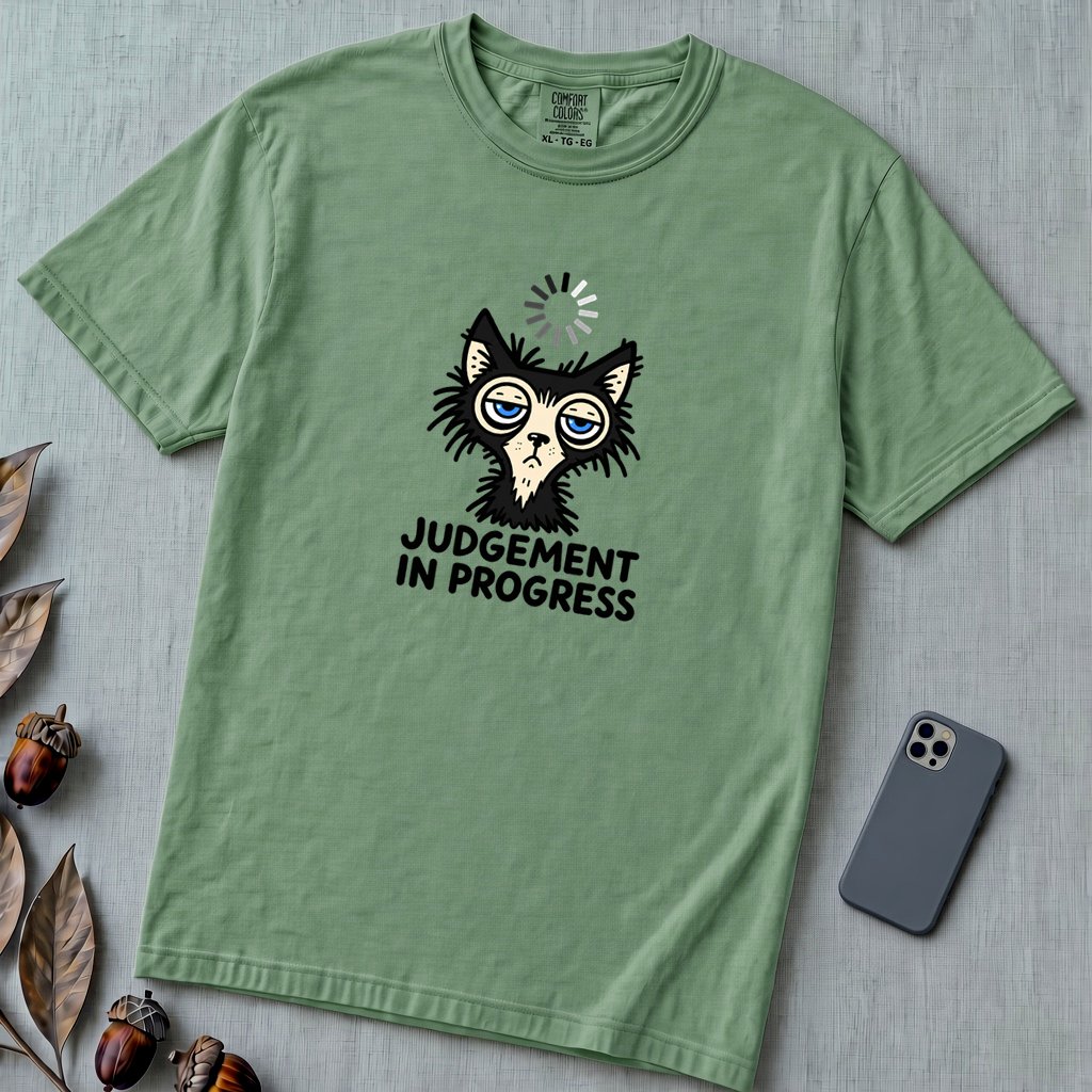 Judgement In Progress Cat T-Shirt, Dry Humor Tee - Light Green unfolded t-shirt mockup