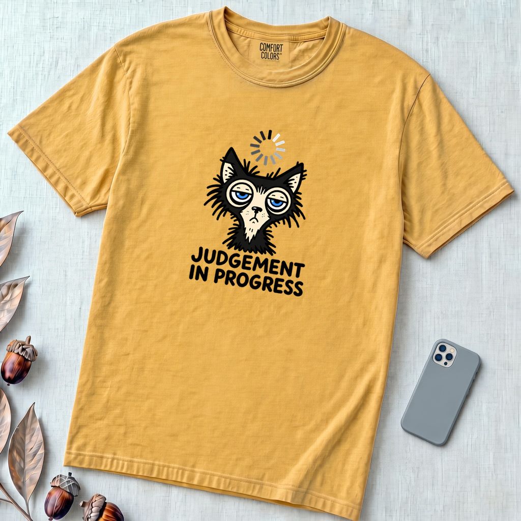 Judgement In Progress Cat T-Shirt, Dry Humor Tee - Mustard unfolded t-shirt mockup
