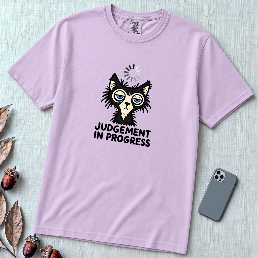 Judgement In Progress Cat T-Shirt, Dry Humor Tee - Orchid unfolded t-shirt mockup