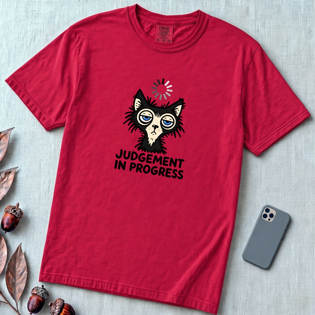 Judgement In Progress Cat T-Shirt, Dry Humor Tee - Red unfolded t-shirt mockup